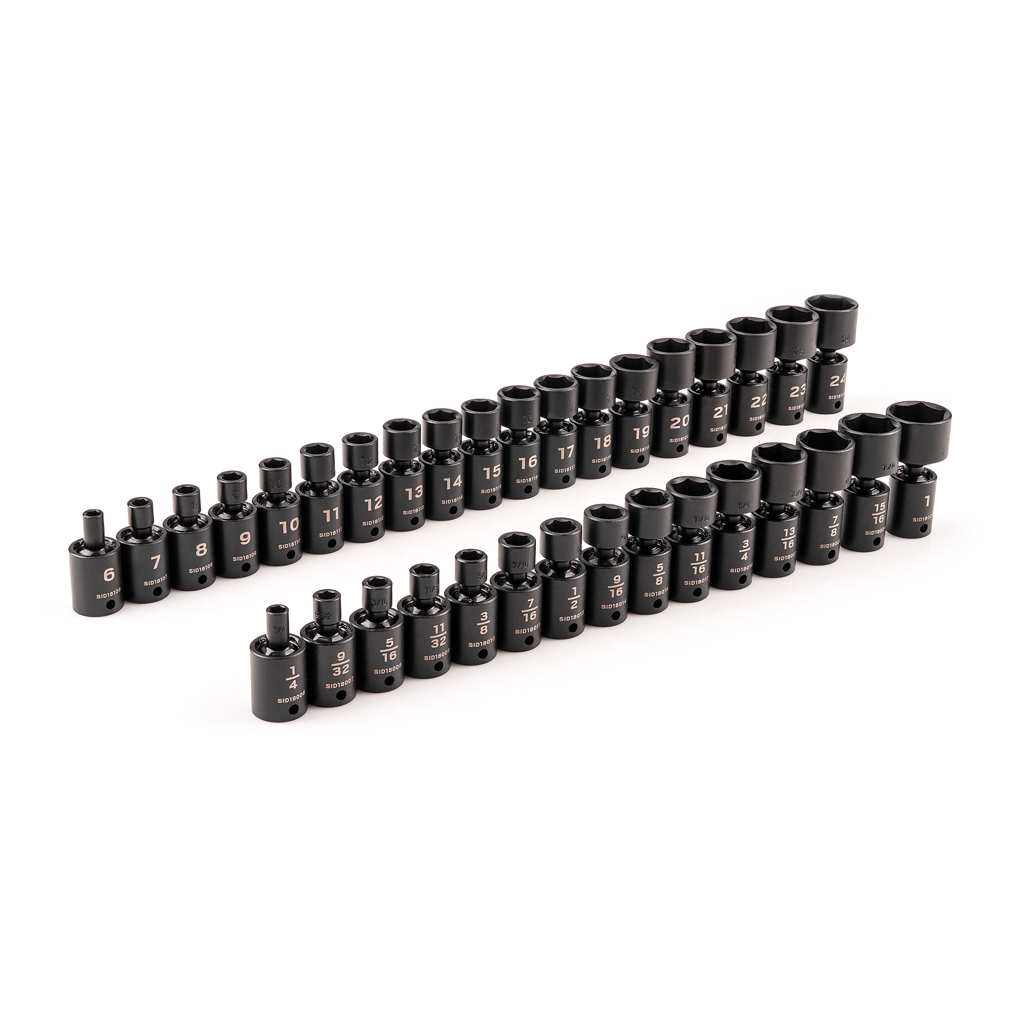 TEKTON 3/8 Inch Drive Shallow 6-Point Universal Joint Impact Socket Set, 34-Piece (1/4 - 1 in., 6 - 24 mm) | SID97005